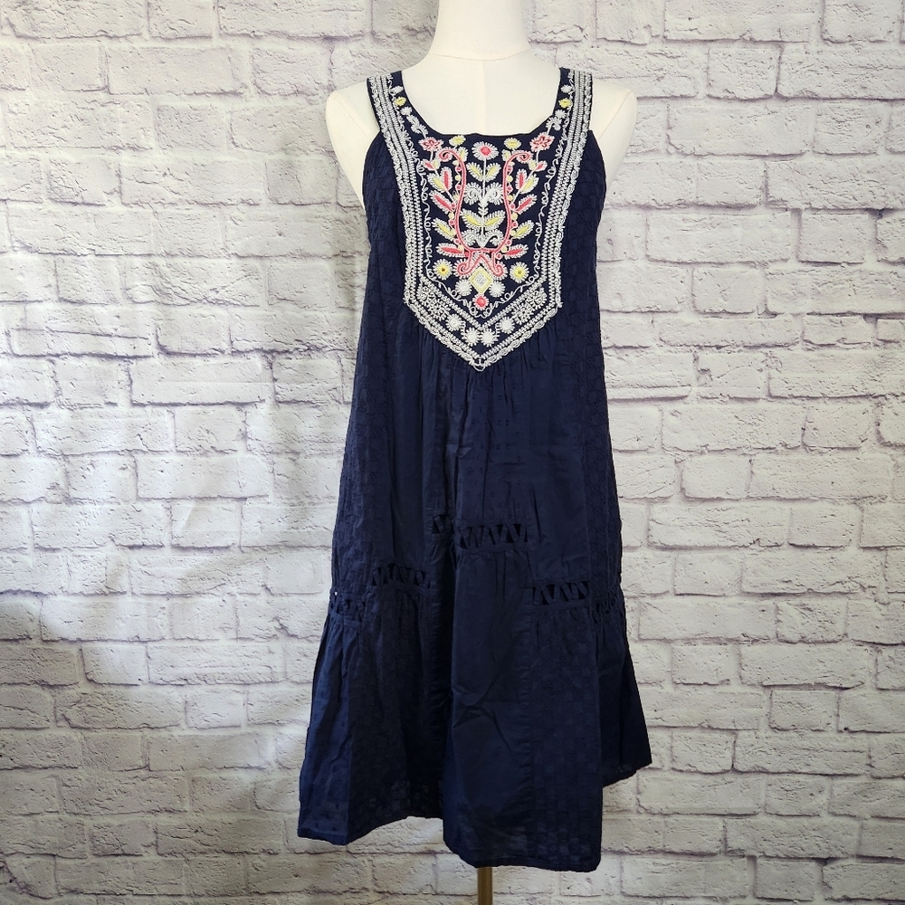 ANTHROPOLOGIE Maeve Tisa Swing Dress Flower & Mirror Embroidered Sz 6 Navy Blue